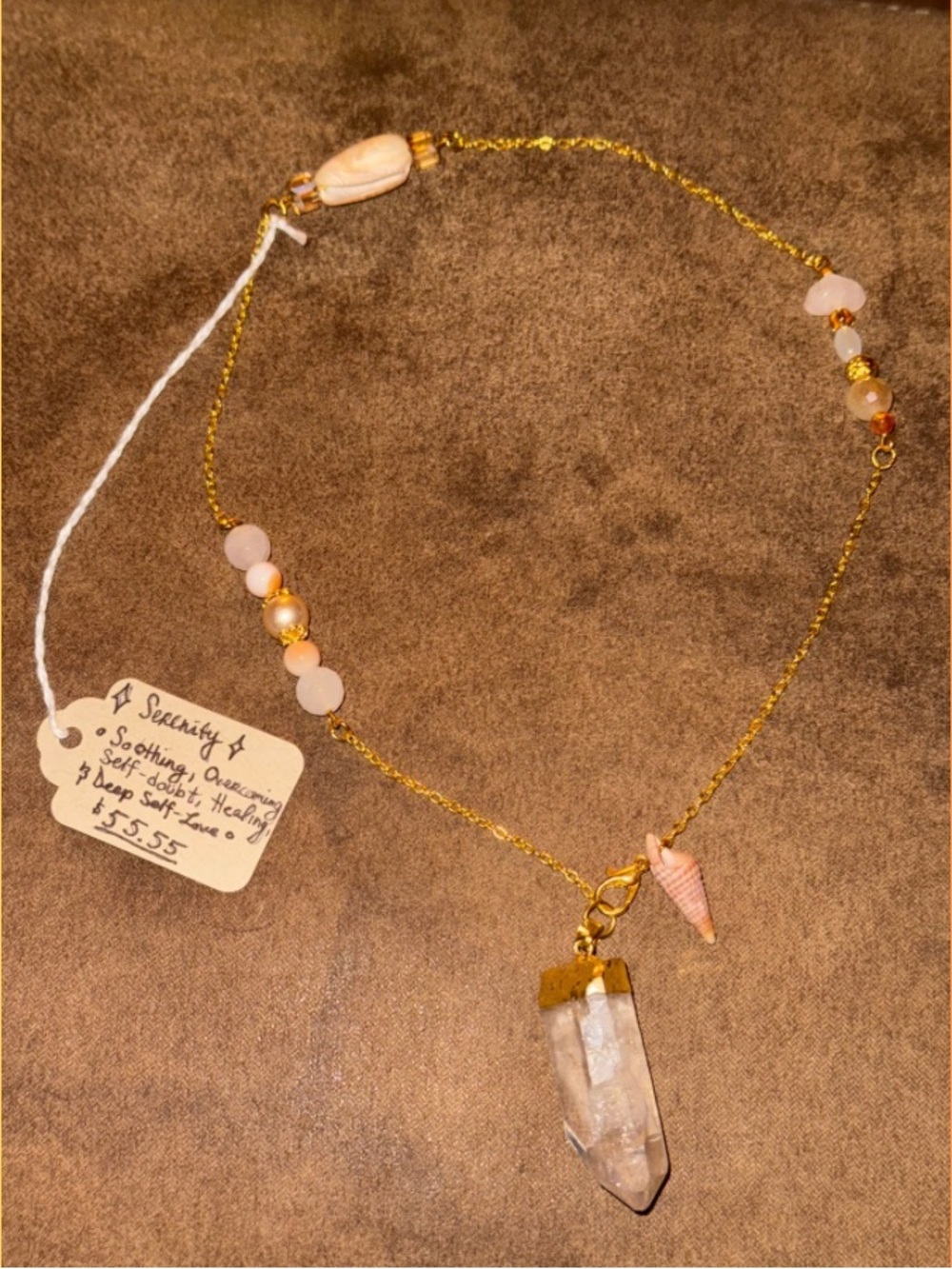 Gold Chain Pendulum Necklace with Pink Gem and Clear Quartz Pendant